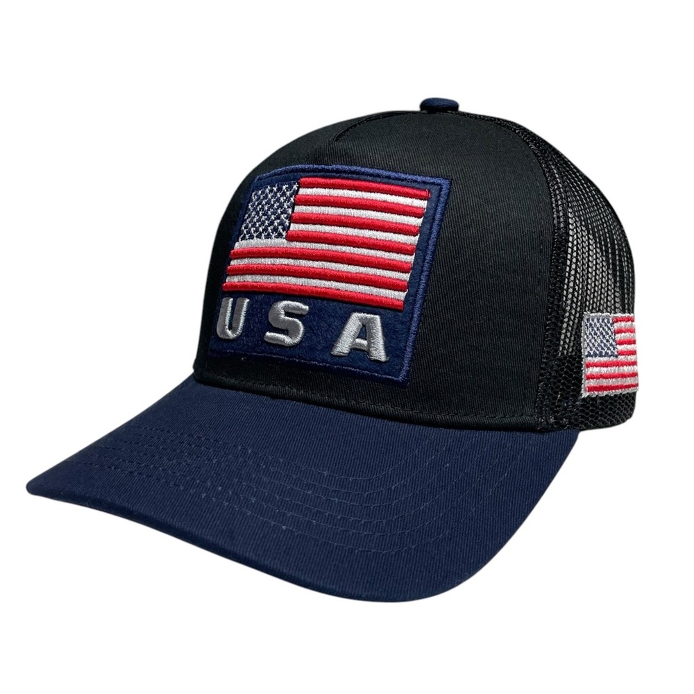 USA Flag Embroidered Patch Snap Back Trucker Baseball Cap, Curved Brim
